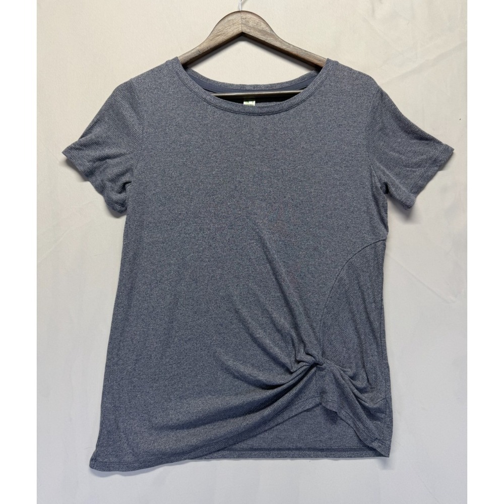 Green Tea Ribbed Knit Top Womens Medium Heather Navy Round Neck Twist Front Hem